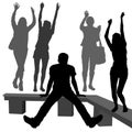 Silhouettes of young people, 4 girls and a guy, a boy in thought, makes a choice, girls are different, slim and young. Girls wavin